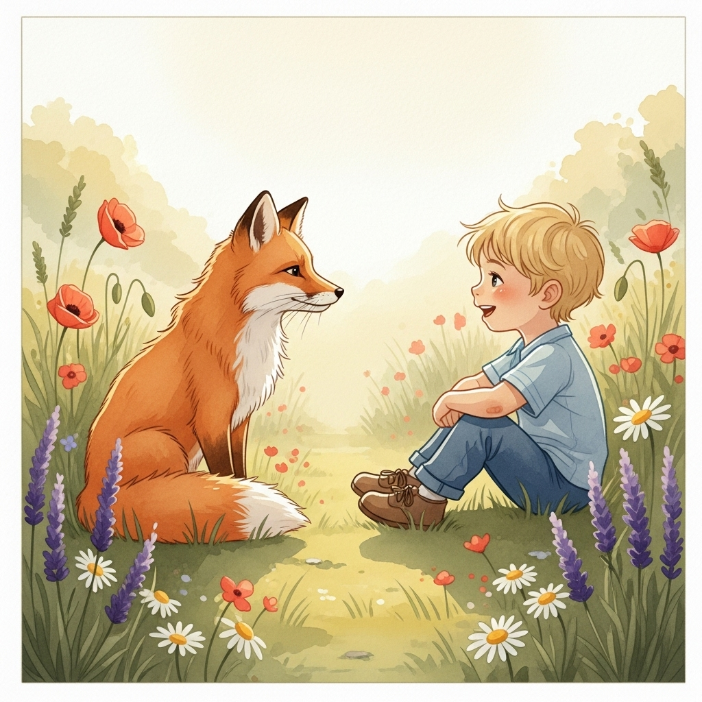 A small blonde boy sitting in a meadow with wildflowers, talking to a gentle orange fox, golden hour lighting, soft focus background, emotional connection between the characters, watercolor illustration style, peaceful atmosphere, no text