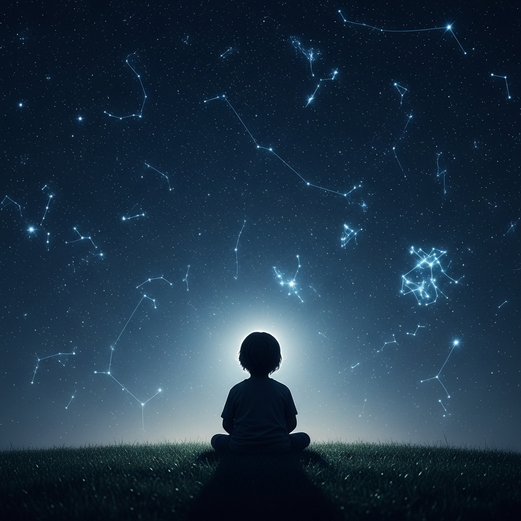 Back view of a child sitting on a grassy hill at night, looking up at a starry sky filled with constellations, silhouette against deep blue night sky, peaceful and contemplative mood, realistic photography style, natural lighting from stars and moon, no text
