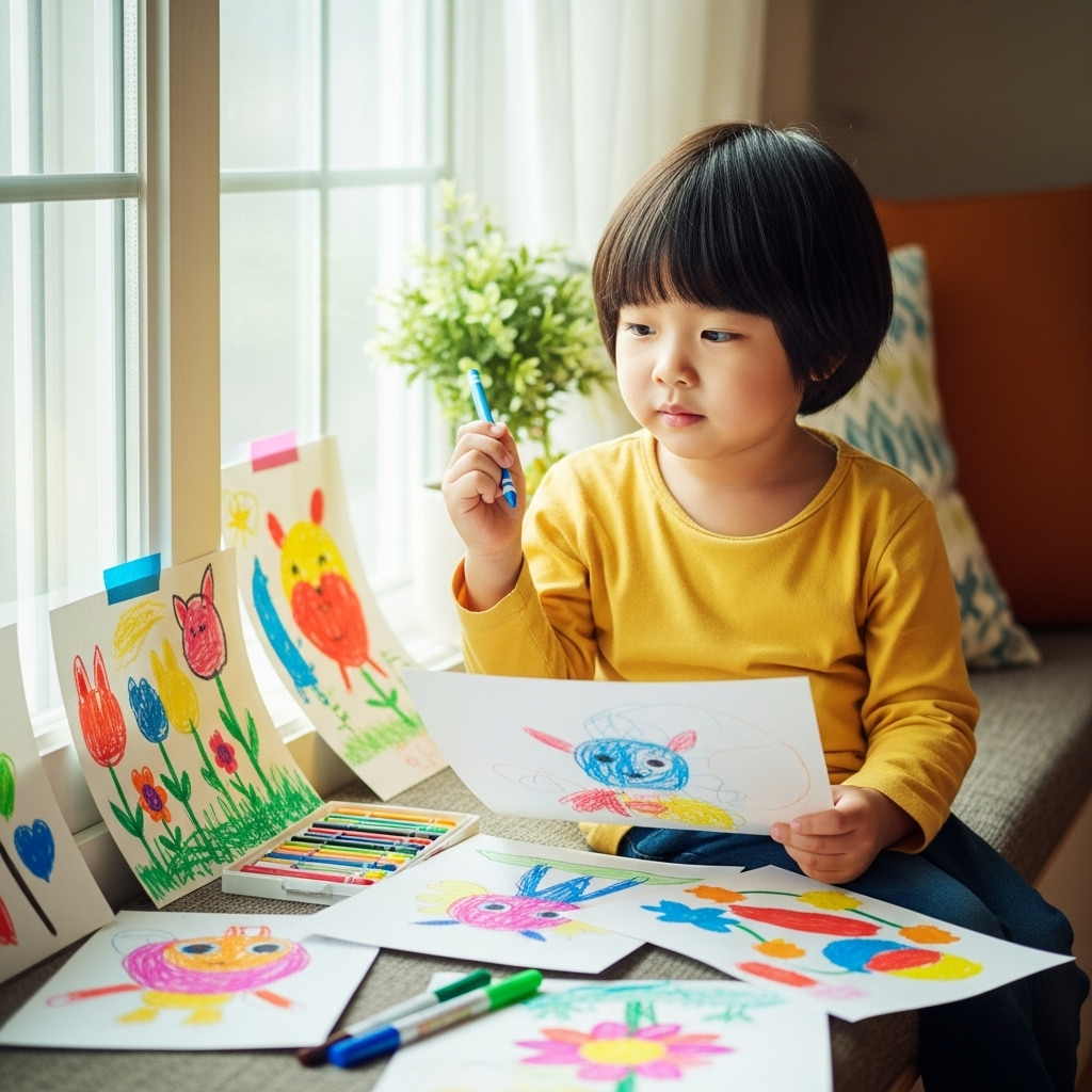 A young Korean child sitting by a bright window, drawing with crayons on paper, surrounded by colorful drawings, soft natural daylight streaming in, focused and peaceful expression, lifestyle photography, warm and inviting atmosphere, no text