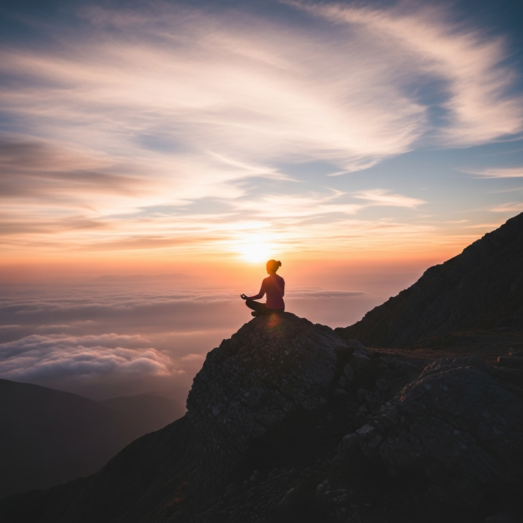 A serene person sitting in meditation pose on a mountain top, surrounded by vast open sky and clouds, representing mental freedom and inner peace. Soft natural lighting, peaceful atmosphere, lifestyle photography style. No text.