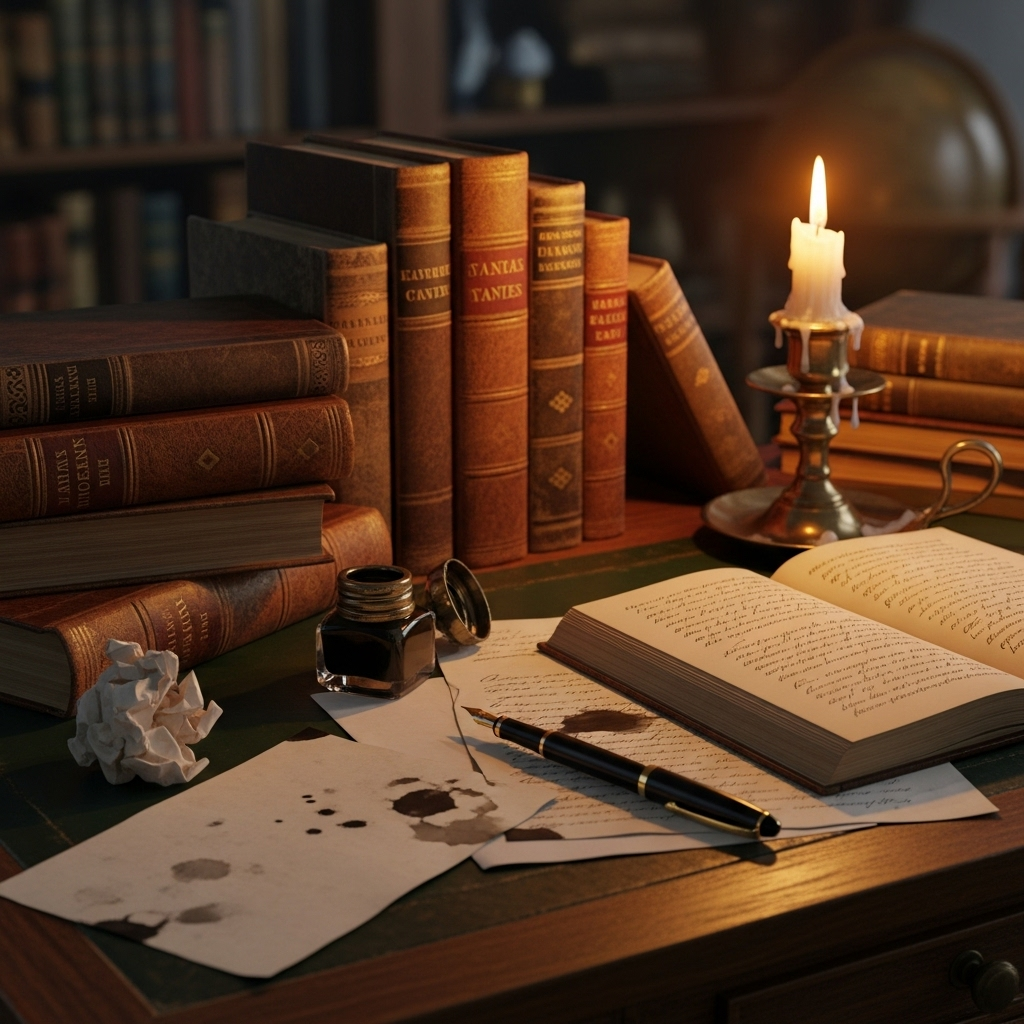 A vintage writer's desk with old books, fountain pen, and manuscript papers scattered around, warm candlelight creating shadows, representing intellectual freedom and creative thought. Classic literary atmosphere. No text.