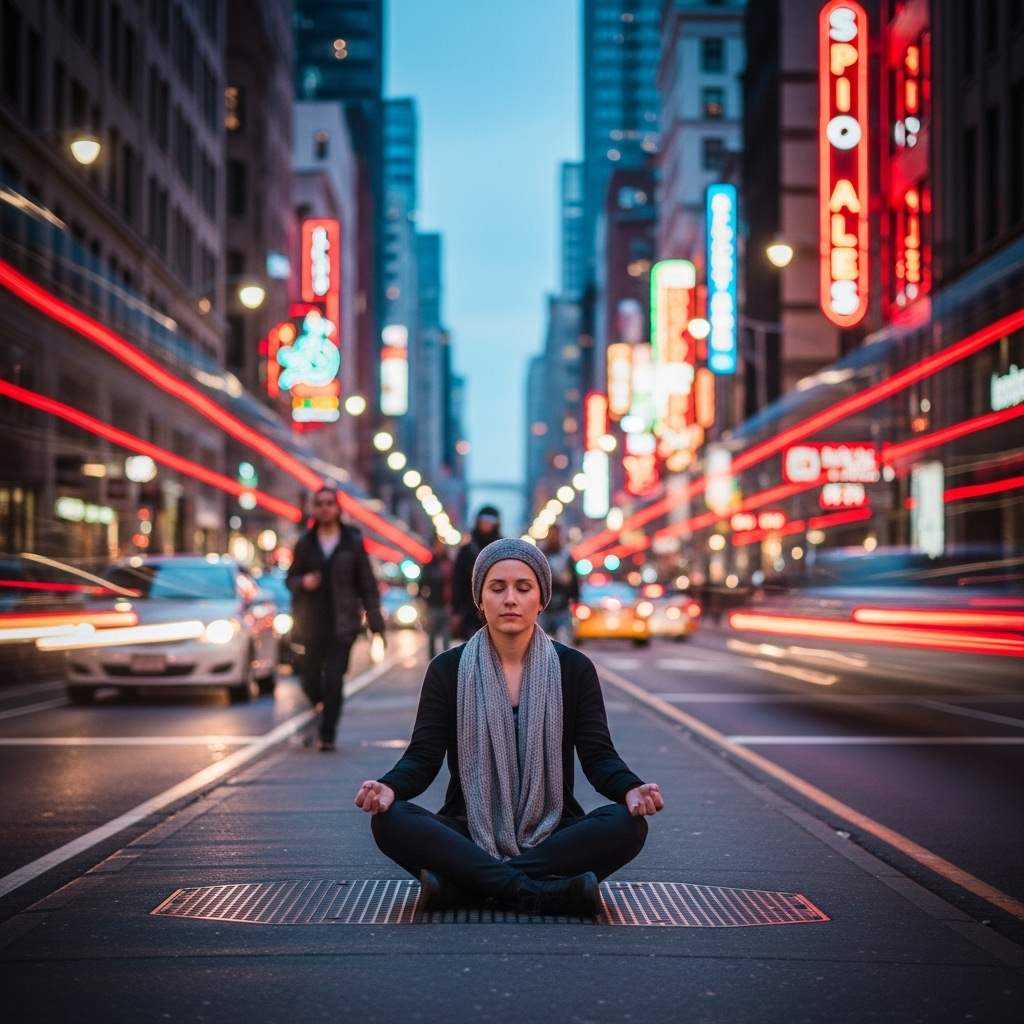A modern person meditating peacefully in a busy urban environment, surrounded by blurred city lights and movement, symbolizing inner freedom amidst external chaos. Contrast between calm center and dynamic background. No text.