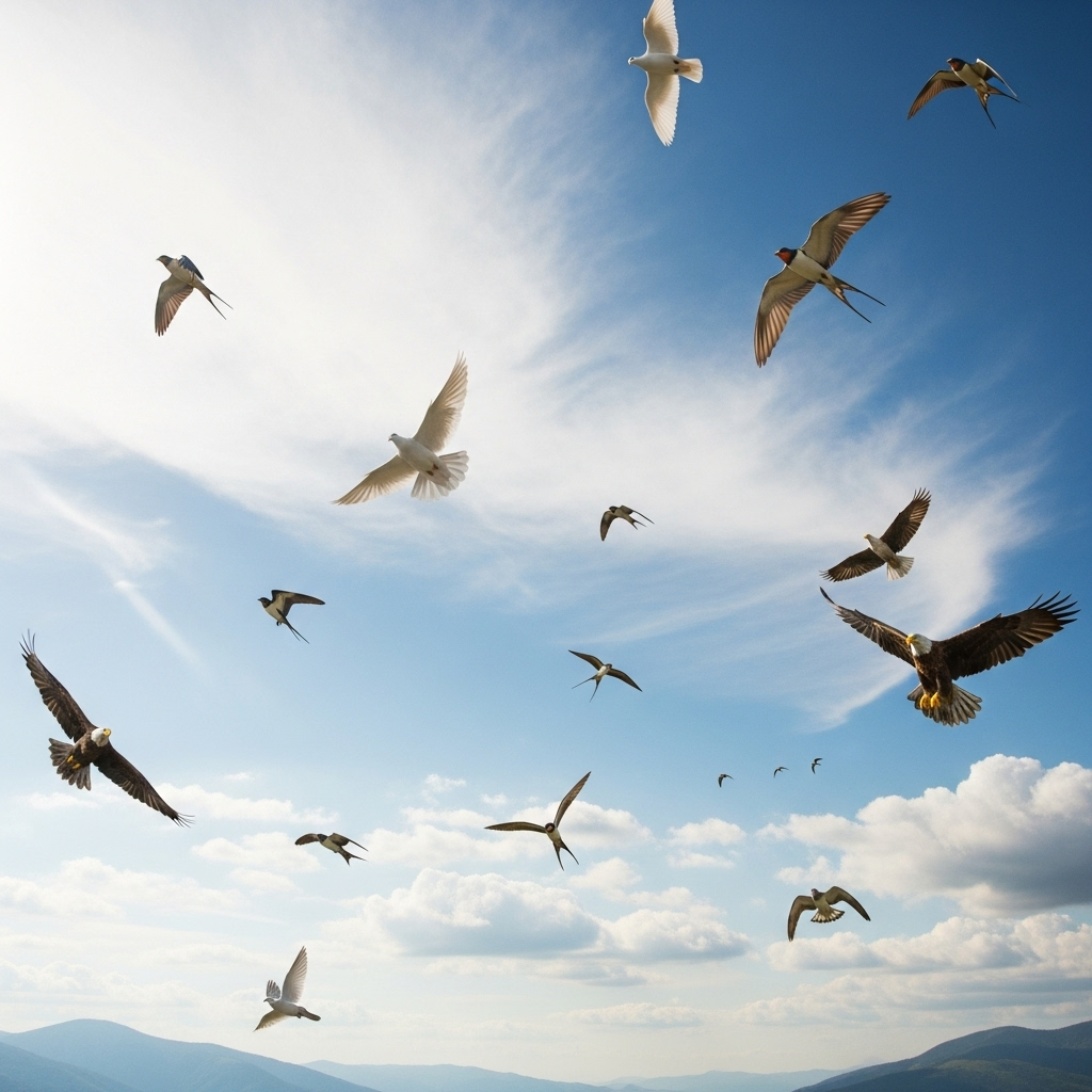 Birds flying freely in an expansive blue sky with white clouds, representing liberation of mind and spirit. Wide open space suggesting infinite possibilities and mental freedom. Peaceful natural lighting. No text.