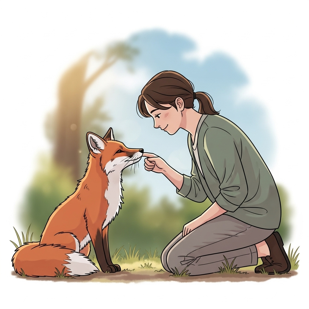 A clean infographic-style illustration showing a small fox and a person forming a bond, warm natural lighting, soft colors, subtle emotional cues, no text