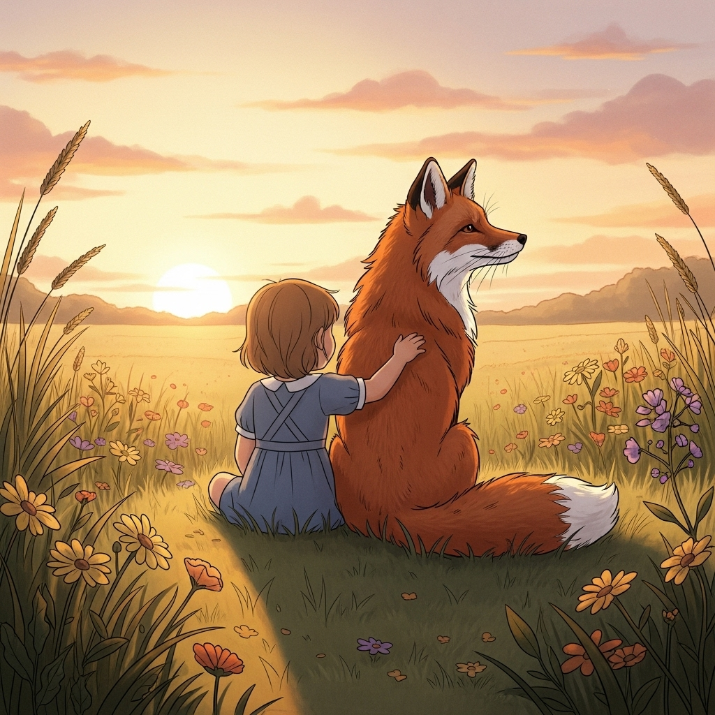 Illustration of a fox and a small child sitting together in a serene meadow at golden hour, emotional atmosphere, gentle sunlight, no text