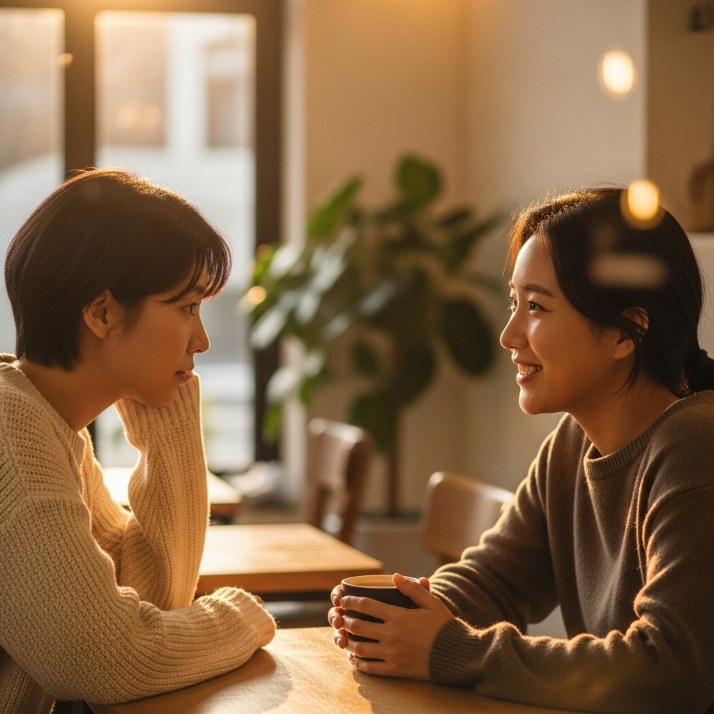 Lifestyle photography of two people having a heartfelt conversation at a café with soft afternoon light, realistic Korean faces, warm tones, no text
