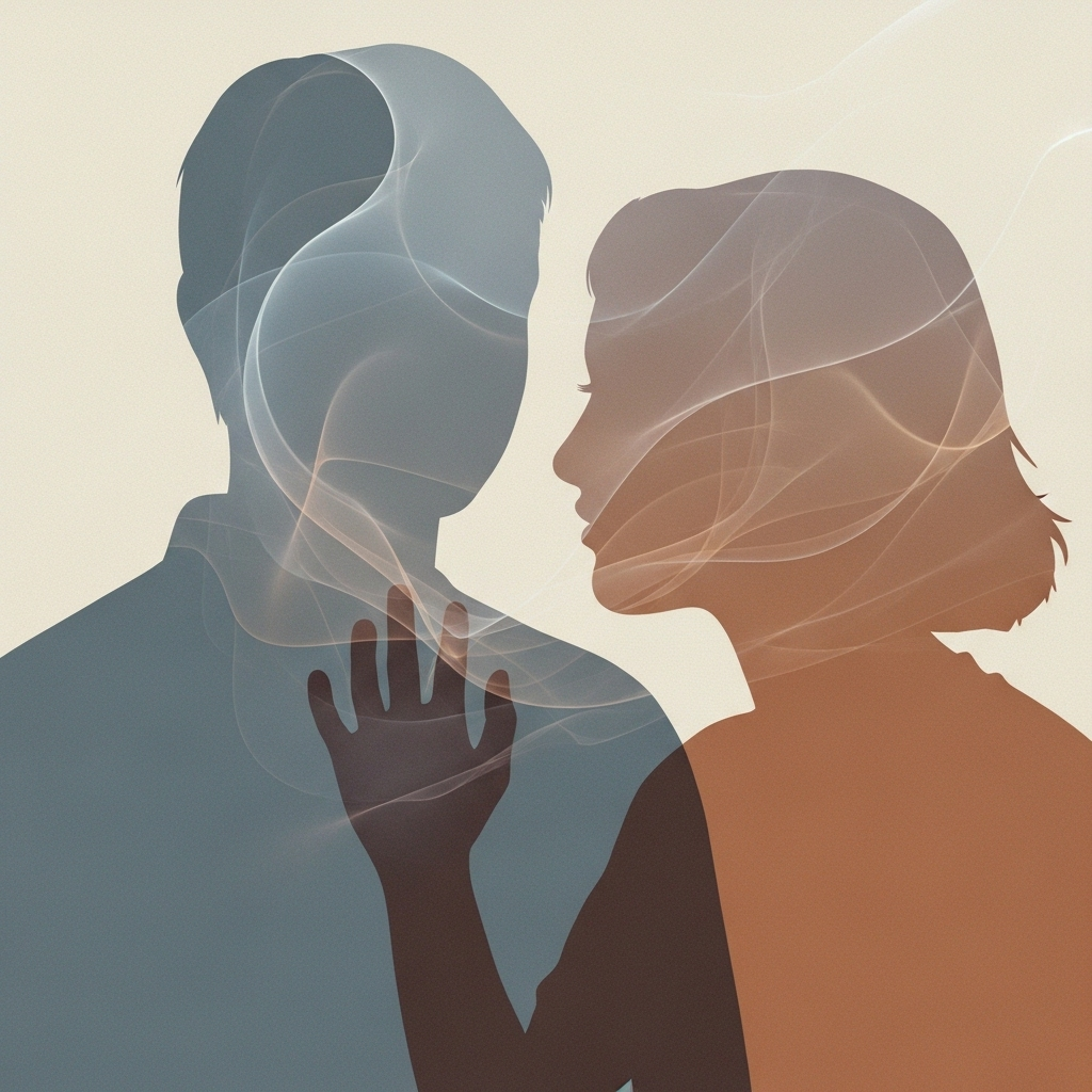 Illustration showing overlapping silhouettes of two people with soft textures symbolizing responsibility and connection, muted palette, no text