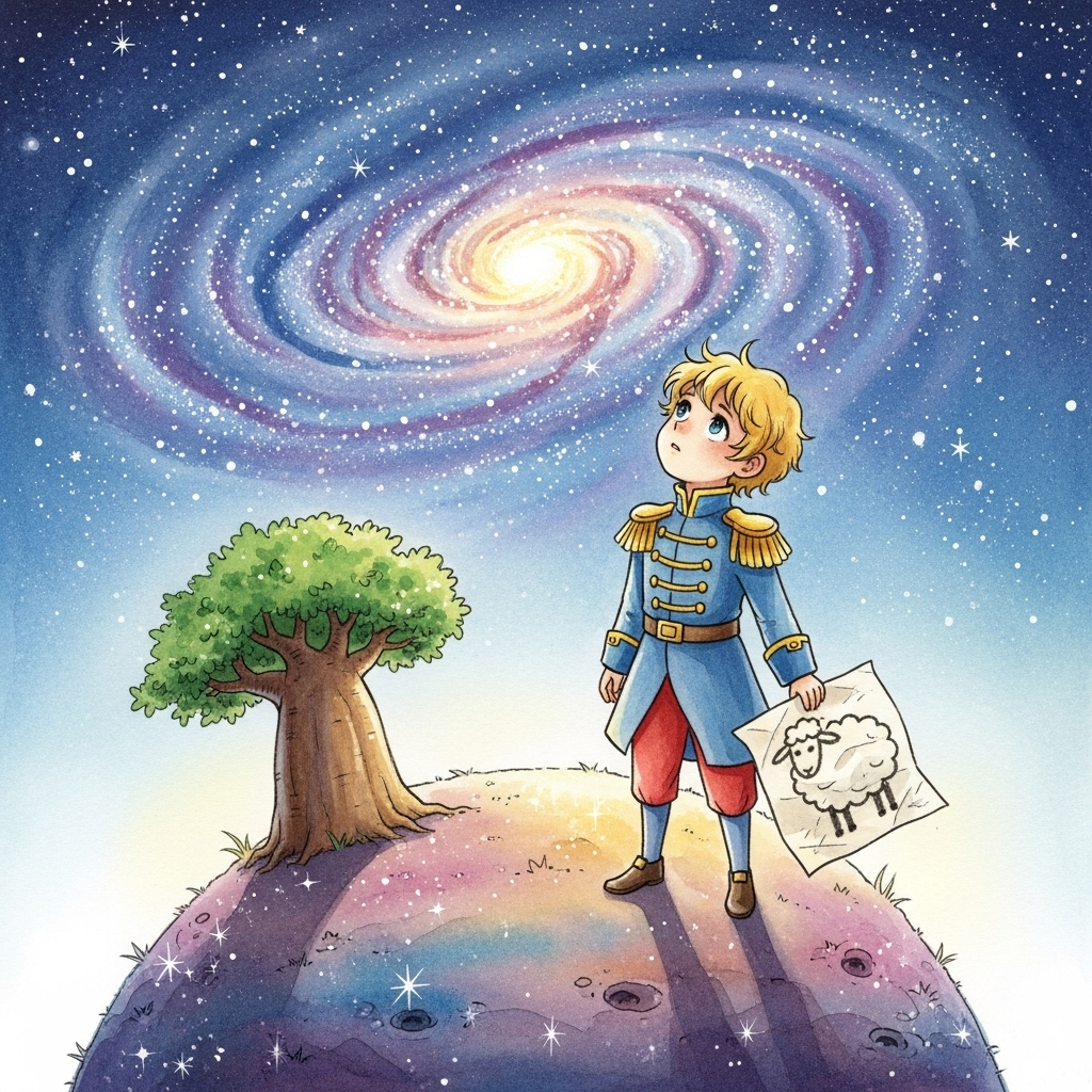 A soft watercolor-style illustration of a small prince on a starry planet holding a drawing of a sheep, feeling wonder and loneliness. Gentle lighting, dreamy atmosphere, no text.