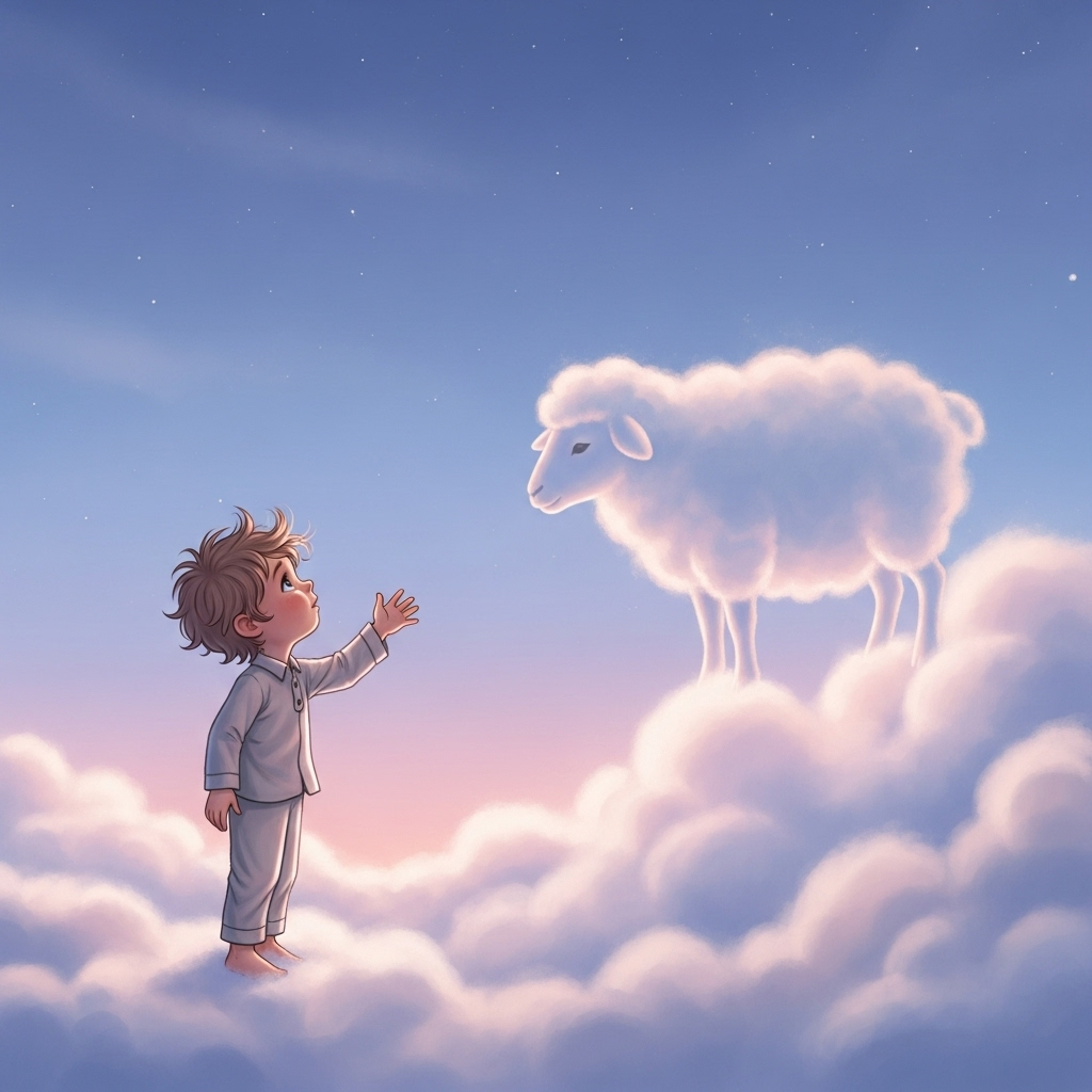 Dreamy illustration of a little boy reaching for a sheep in the clouds, expressing imagination and longing, twilight sky, soft pastel tones, no text.