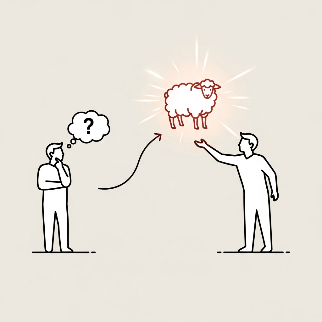 Minimalist infographic showing a person thinking and another reaching toward a glowing sheep, symbolizing thought versus desire, clean design, no text.