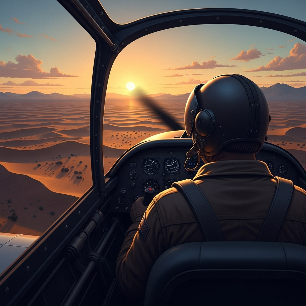 Realistic illustration of a pilot flying over a desert at sunset, small figure reflecting solitude and wonder, soft light, no text.