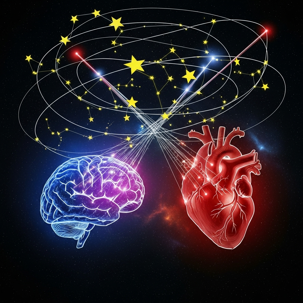 Artistic collage of brain, heart, and stars connected by light lines, symbolizing thought, love, and dreams, modern artistic lighting, no text.