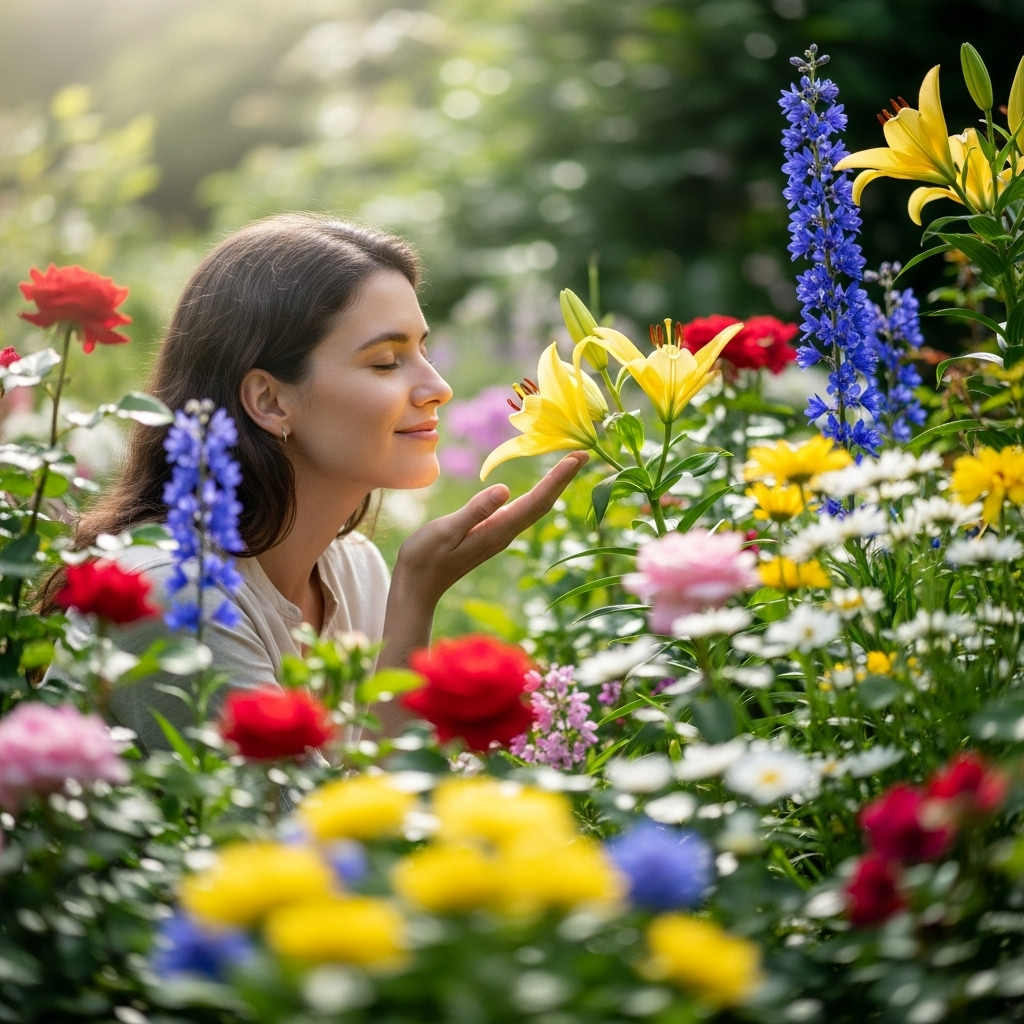 A serene scene of a person gently observing colorful flowers in a garden, breathing in their fragrance with closed eyes, soft natural lighting, peaceful atmosphere, lifestyle photography style, no text