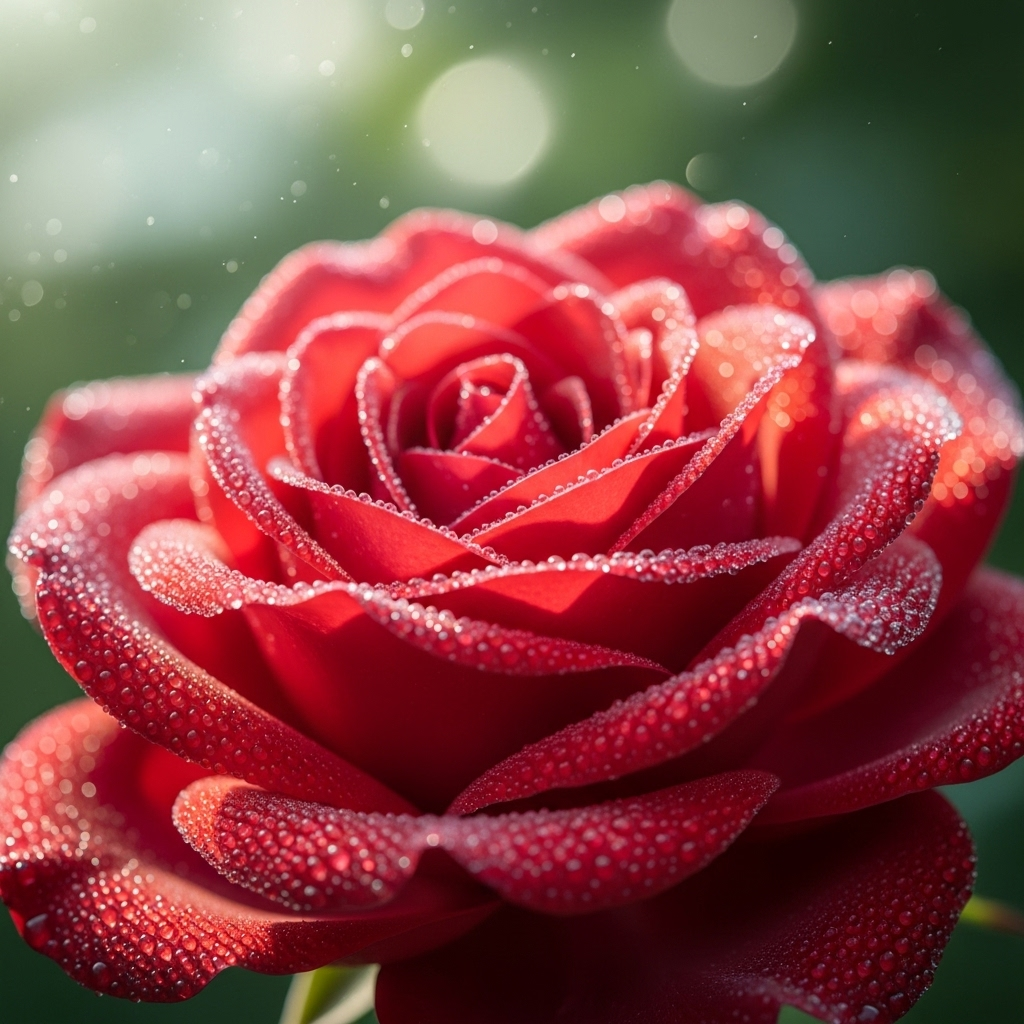 Close-up of a beautiful red rose with morning dew, focusing on its natural beauty and delicate petals, soft bokeh background, natural lighting highlighting the flower's essence, no text