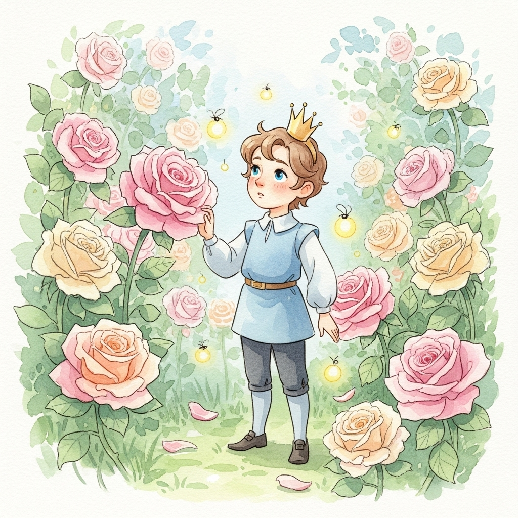 Whimsical illustration of a small prince character standing among roses in a garden, contemplating their essence, dreamy watercolor style, soft pastel colors, fairy tale atmosphere, no text