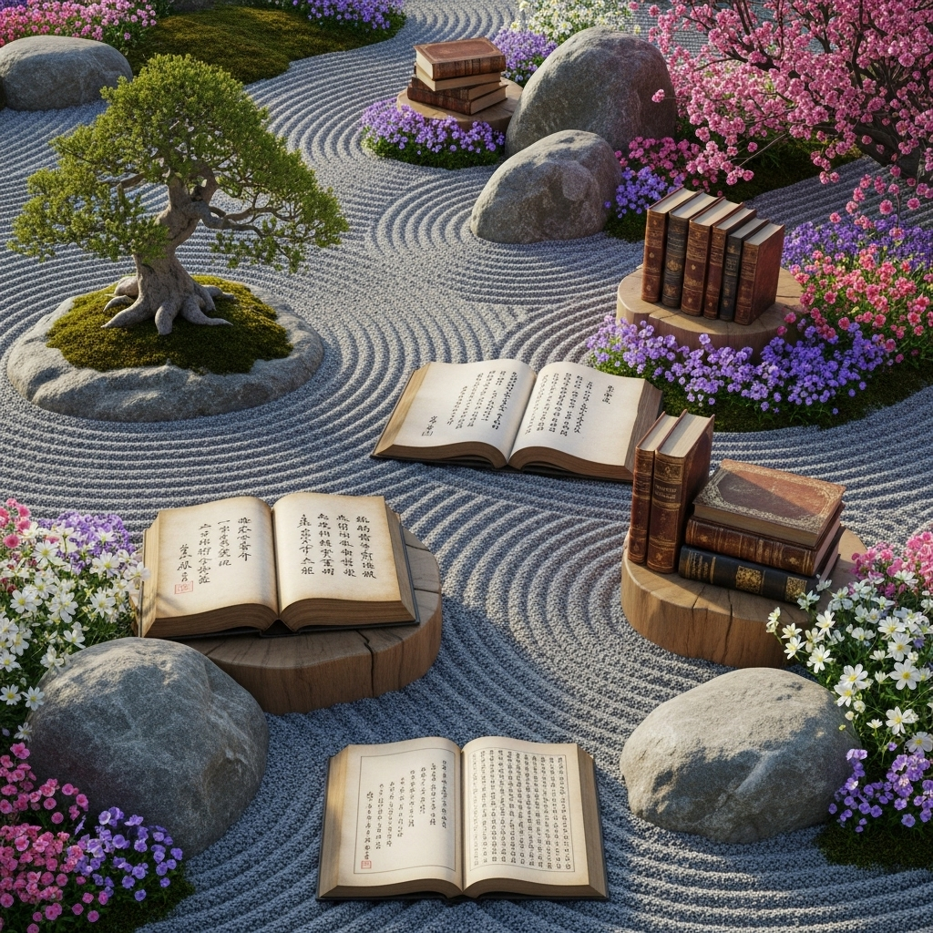 Peaceful zen garden with blooming flowers and ancient books, representing the convergence of Eastern and Western wisdom, soft natural lighting, contemplative atmosphere, no text