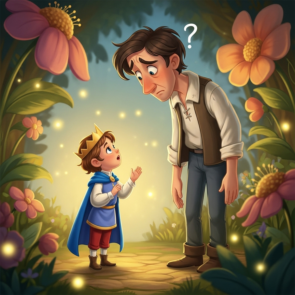 A gentle illustration showing a small prince talking to a confused adult, capturing the essence of communication gap between childlike wonder and adult complexity. Warm lighting, storybook style, no text.