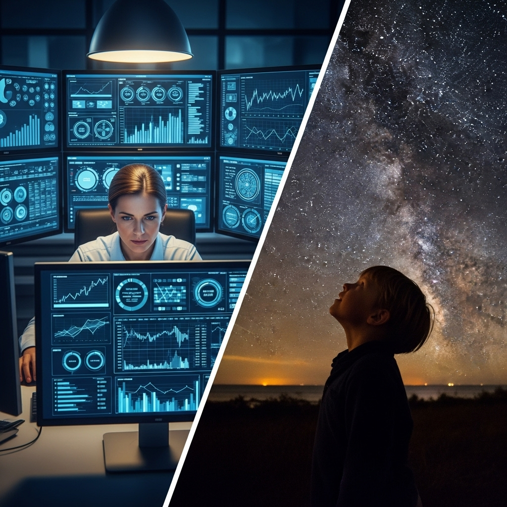 Split scene showing an adult surrounded by complex charts and numbers versus a child looking at stars with wonder. Contrasting lighting between artificial office light and natural starlight, no text.