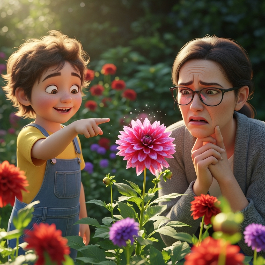A child pointing at a beautiful flower while an adult looks puzzled, symbolizing the gap between childlike appreciation and adult overthinking. Garden setting, natural lighting, emotional contrast, no text.
