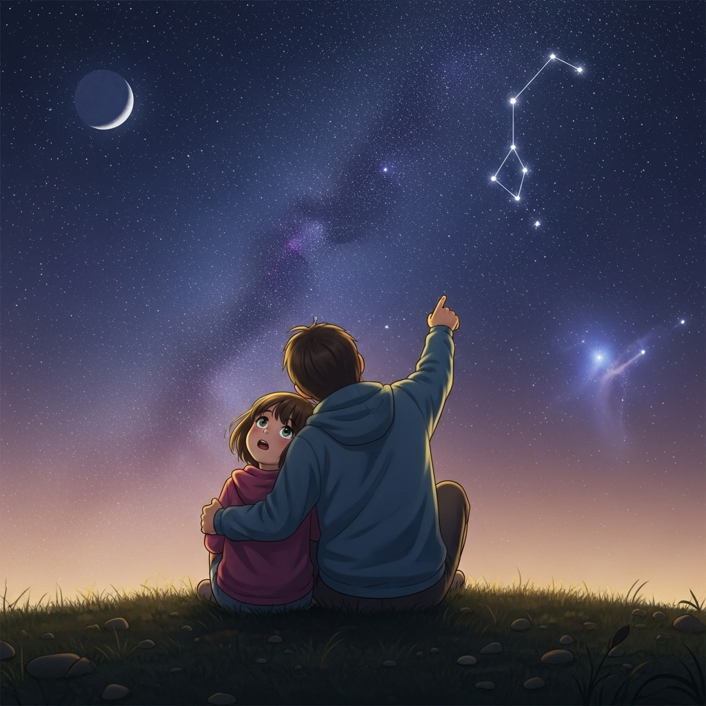 An adult and child sitting together looking at stars, showing mutual understanding and wonder. Night sky background, peaceful atmosphere, warm connection between generations, no text.