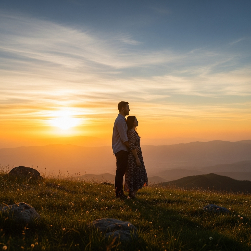 A couple standing side by side on a hill, both looking toward the same distant horizon at sunset. They are not facing each other but gazing forward together, symbolizing shared vision and direction. Warm golden lighting, peaceful atmosphere, lifestyle photography style. No text.