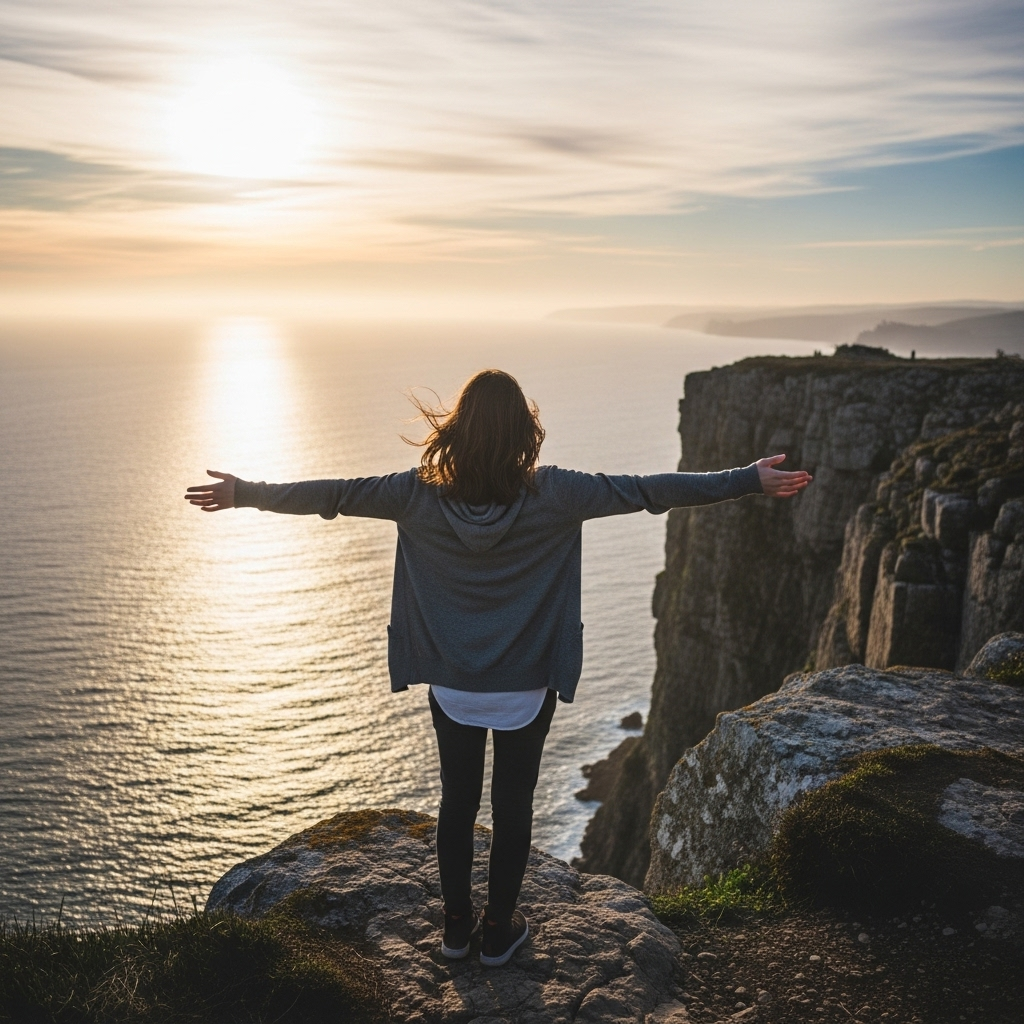 A person standing on a cliff overlooking the vast ocean, arms spread wide, feeling the sea breeze, with a dreamy and inspiring atmosphere. The scene captures longing and aspiration, with natural lighting and peaceful mood. No text.