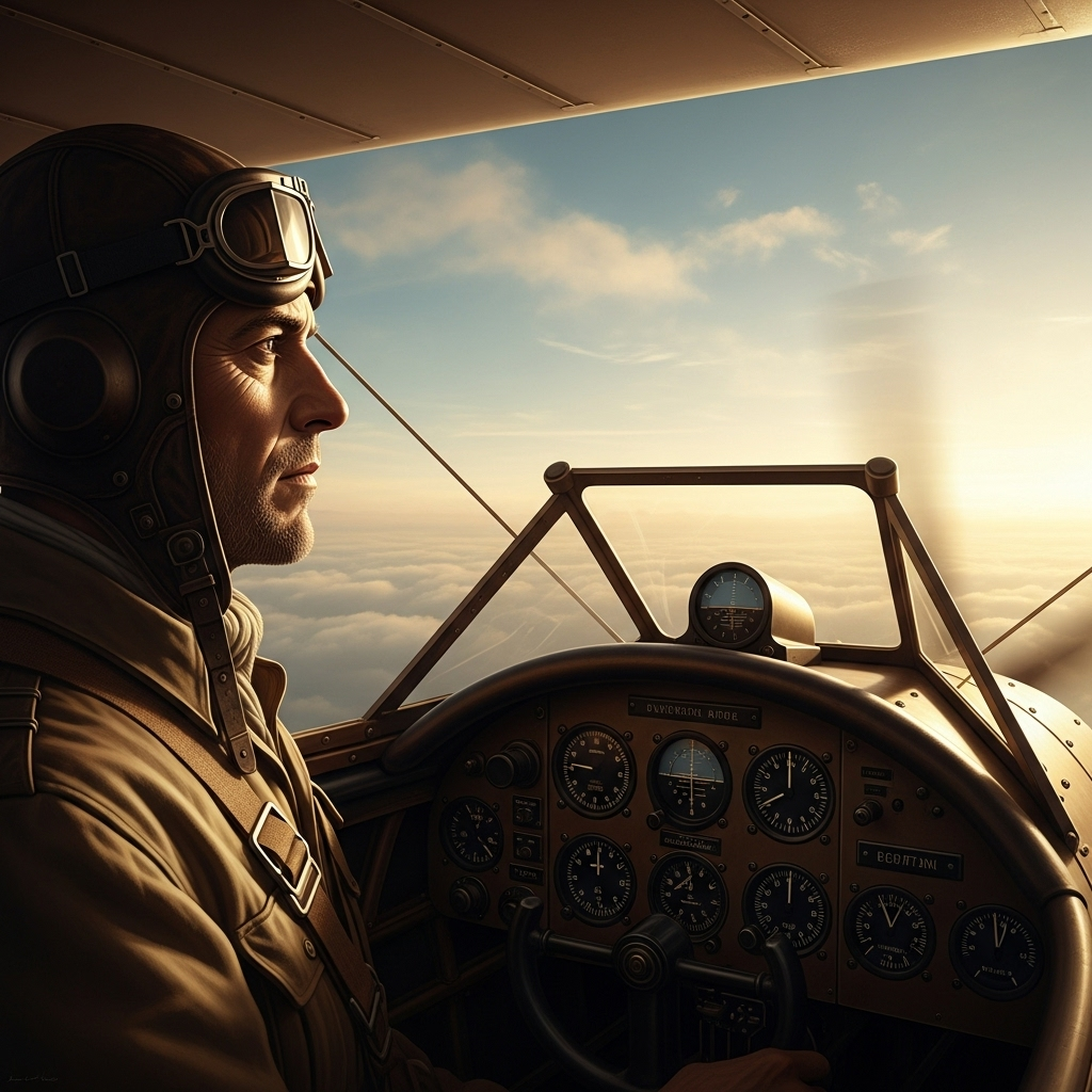 A vintage aviation scene with a pilot contemplating the horizon from an old aircraft cockpit, showing the perspective of early 20th century aviation. The mood is contemplative and philosophical, with warm golden lighting. No text.