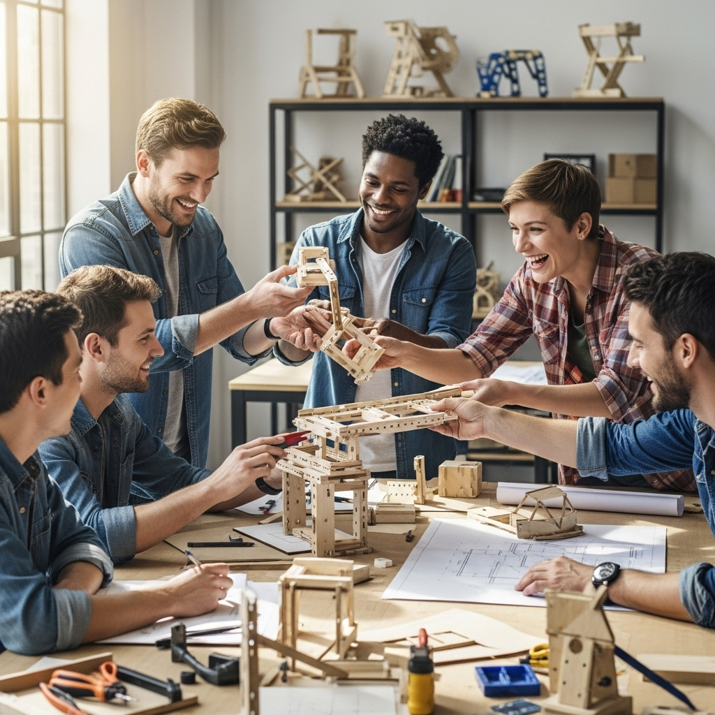 A diverse team of people working together on building something creative, with enthusiasm and collaboration visible in their expressions. The atmosphere shows shared vision and passion, with natural lighting and positive energy. No text.