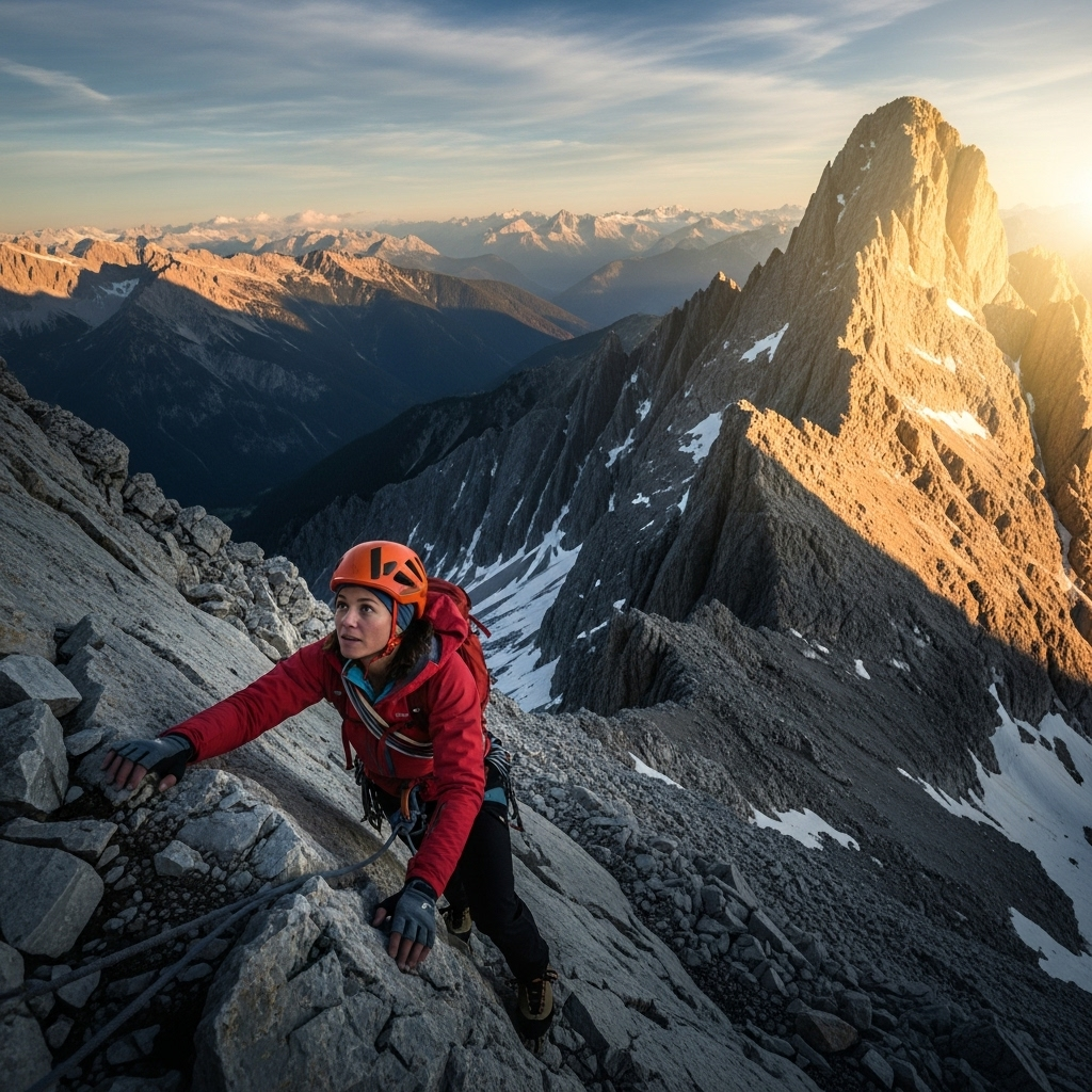 A person climbing towards a mountain peak with determination, surrounded by beautiful landscape. The scene shows personal growth and aspiration, with inspiring atmosphere and natural lighting. No text.