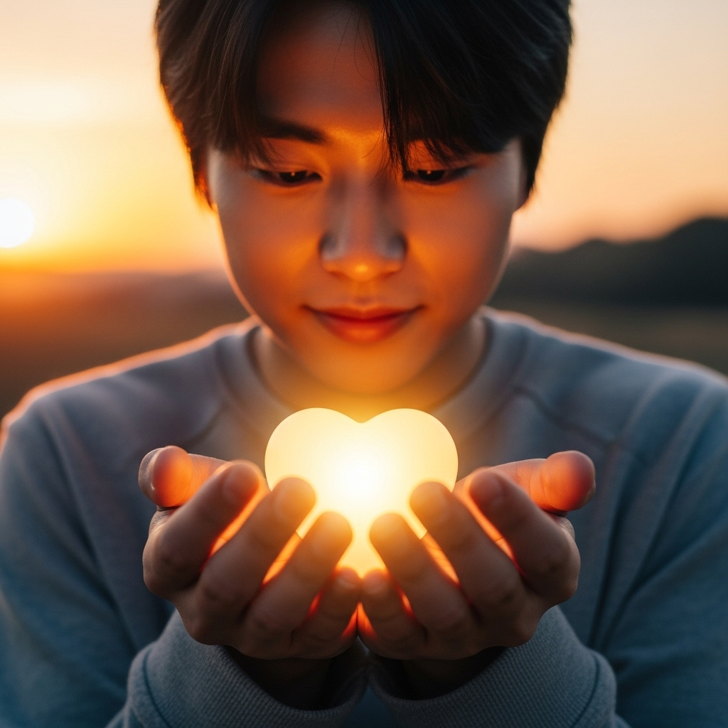 A Korean person looking at a small glowing heart in their hands under a warm sunset, symbolizing invisible values, lifestyle photography, natural light, no text.