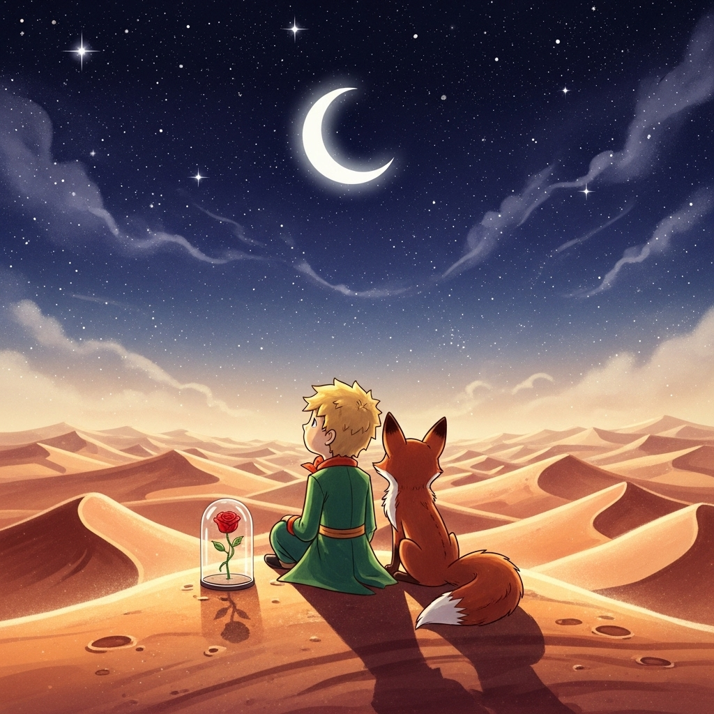 An illustration of the Little Prince and a fox sitting together in a desert under starry sky, warm tones, emotional atmosphere, no text.