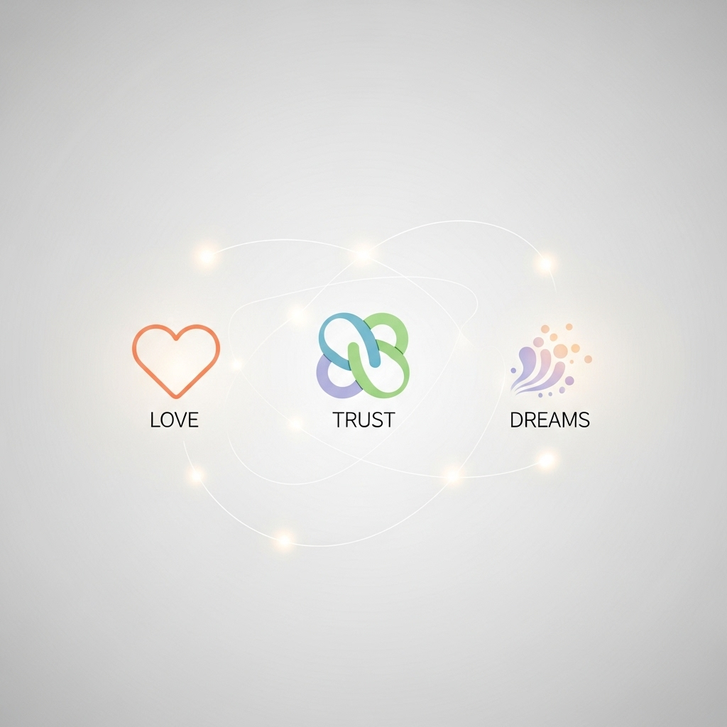 A minimalist clean infographic showing abstract icons of love, trust, and dreams connected by glowing lines, no text.