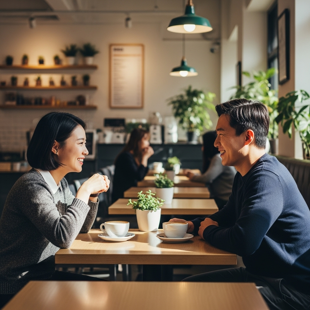 Two people exchanging warm smiles over coffee, subtle lighting, Korean café environment, lifestyle photography, no text.