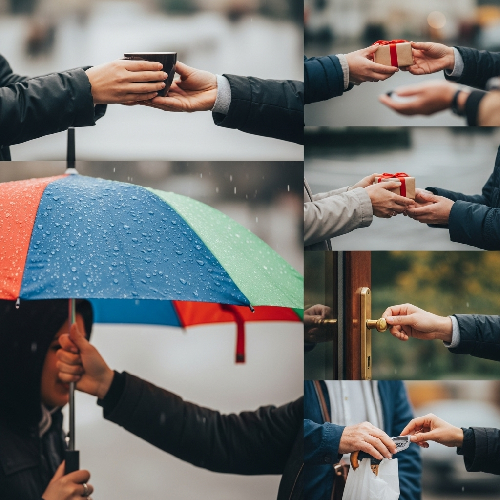A close-up lifestyle photo of small everyday kindness gestures like offering an umbrella, natural light, no text.