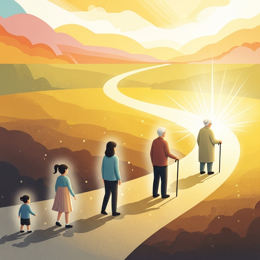 A serene illustration of a person walking through different life stages, from a child to an elderly person, with light growing brighter around them. The path is winding, symbolizing "To live is to be slowly born". Style: symbolic illustration, warm colors, no text.