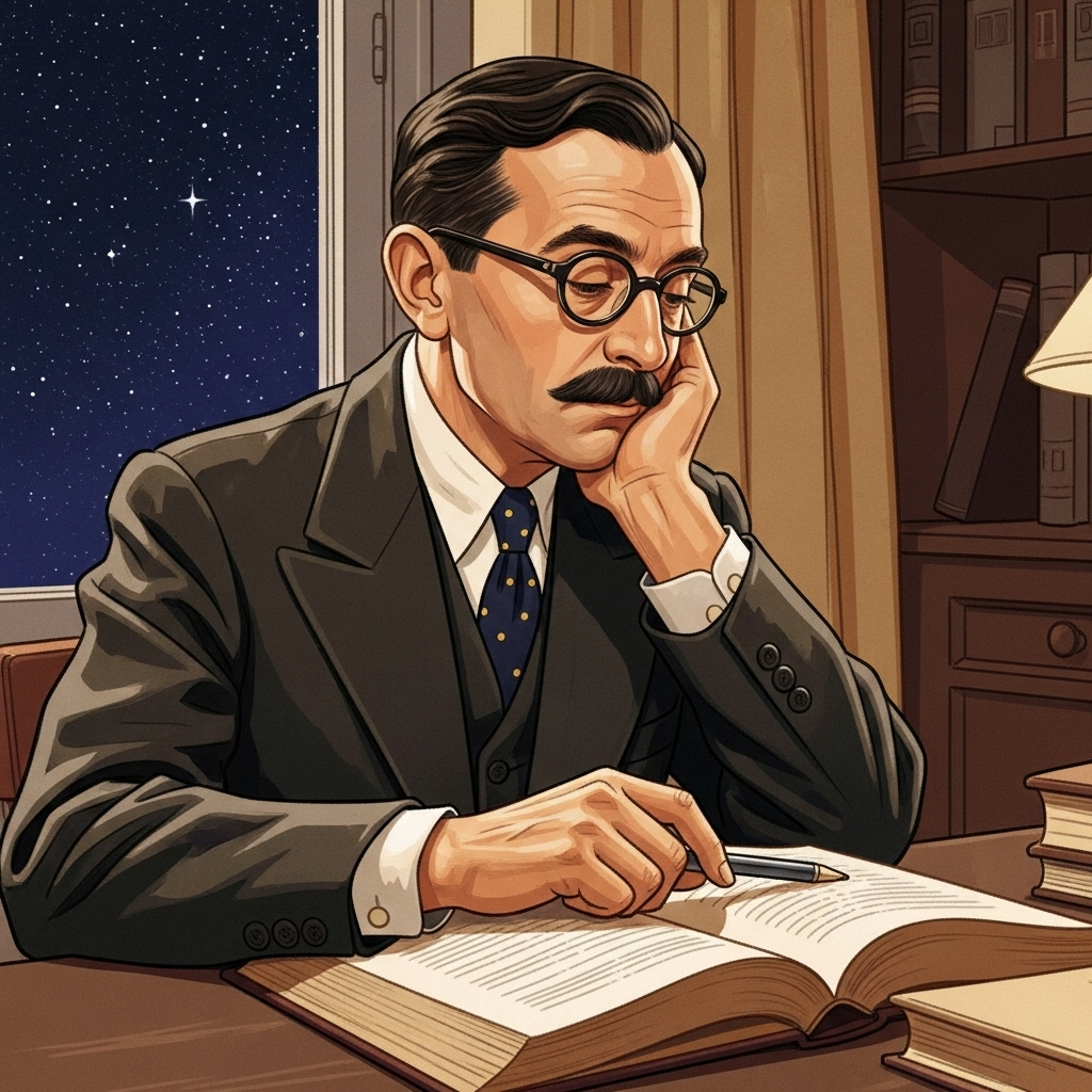An illustration of a thoughtful writer, Antoine de Saint-Exupéry, sitting at a desk with an open book, a starry sky visible through a window, symbolizing his philosophical depth and connection to "To live is to be slowly born." Style: classic illustration, warm and reflective tones, no text.