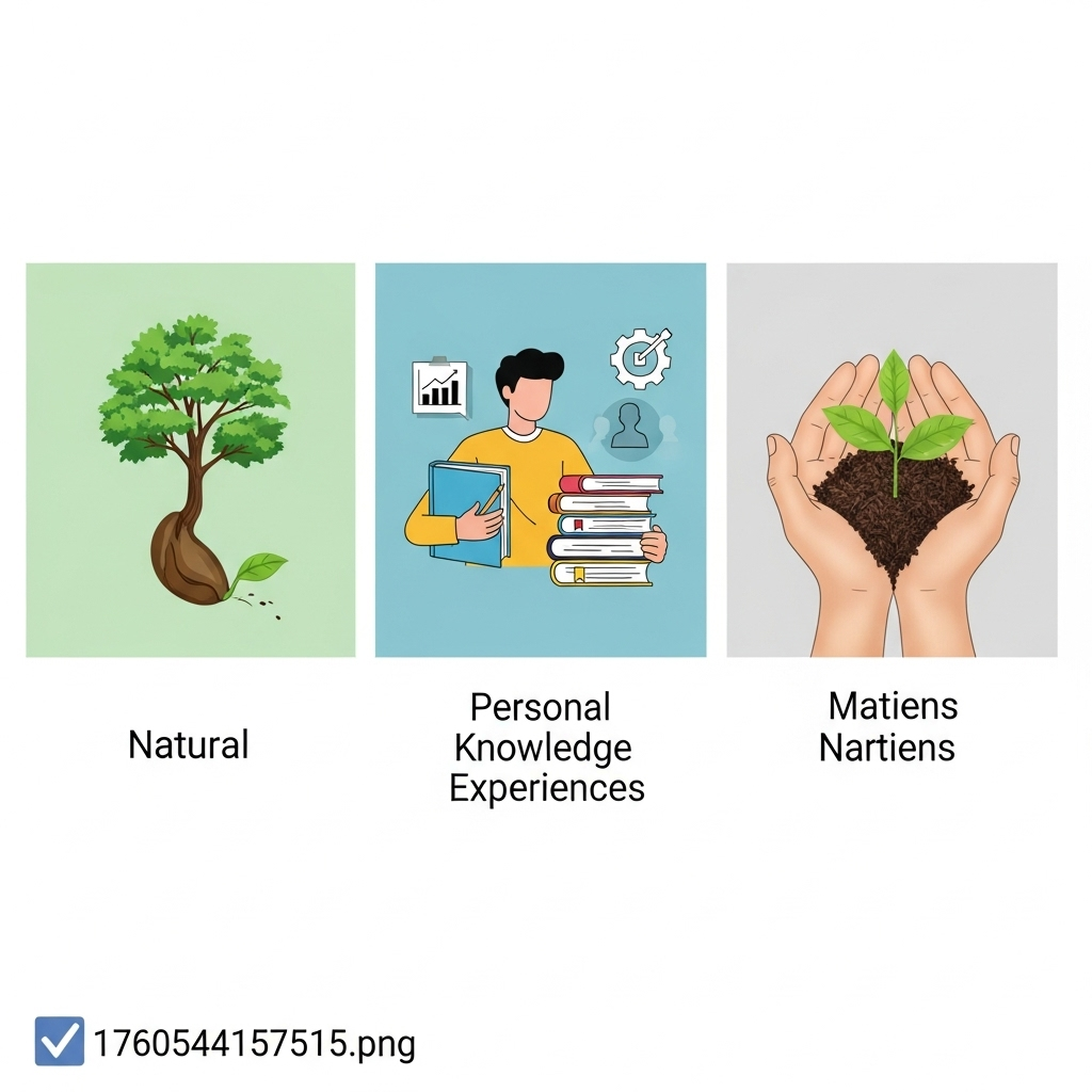 An infographic-style illustration showing three distinct panels: one with a sprouting seed becoming a tree, another with a person learning from books and experiences, and a third with hands gently holding a small plant, symbolizing patience and growth. Style: clean infographic, light and inspiring colors, no text.