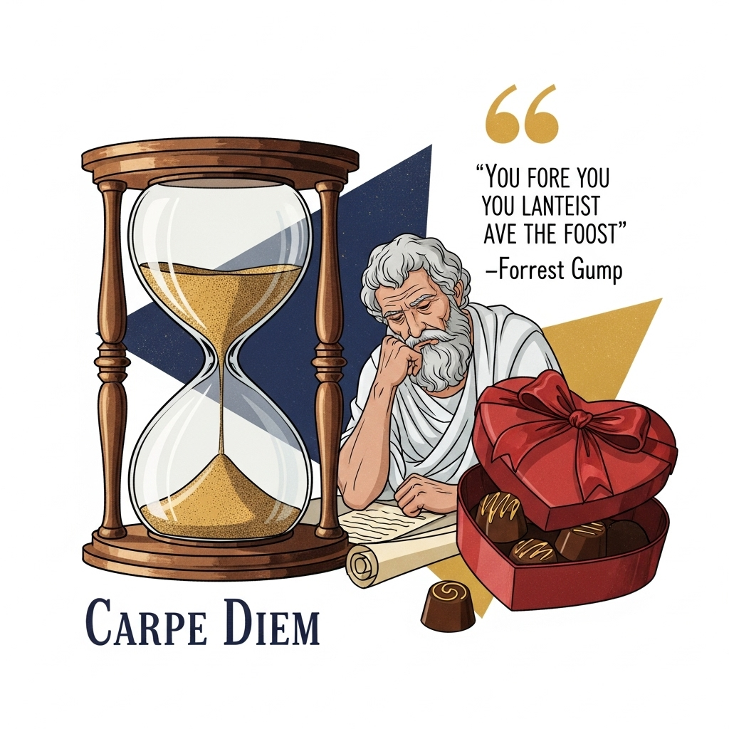 A collage illustration featuring elements representing different famous quotes: an antique hourglass for "Carpe Diem," a philosopher contemplating, and a stylized chocolate box from "Forest Gump." Style: eclectic illustration, rich and thoughtful colors, no text.