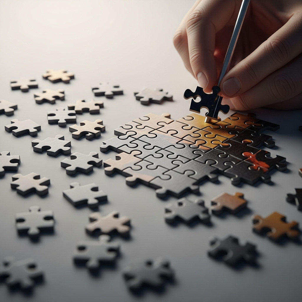 Small, intricate puzzle pieces coming together to form a grand, complete masterpiece. The scene emphasizes the meticulous assembly of tiny elements, leading to a stunning overall perfection. The lighting is soft and focused, highlighting the details. Clean infographic style. No text.