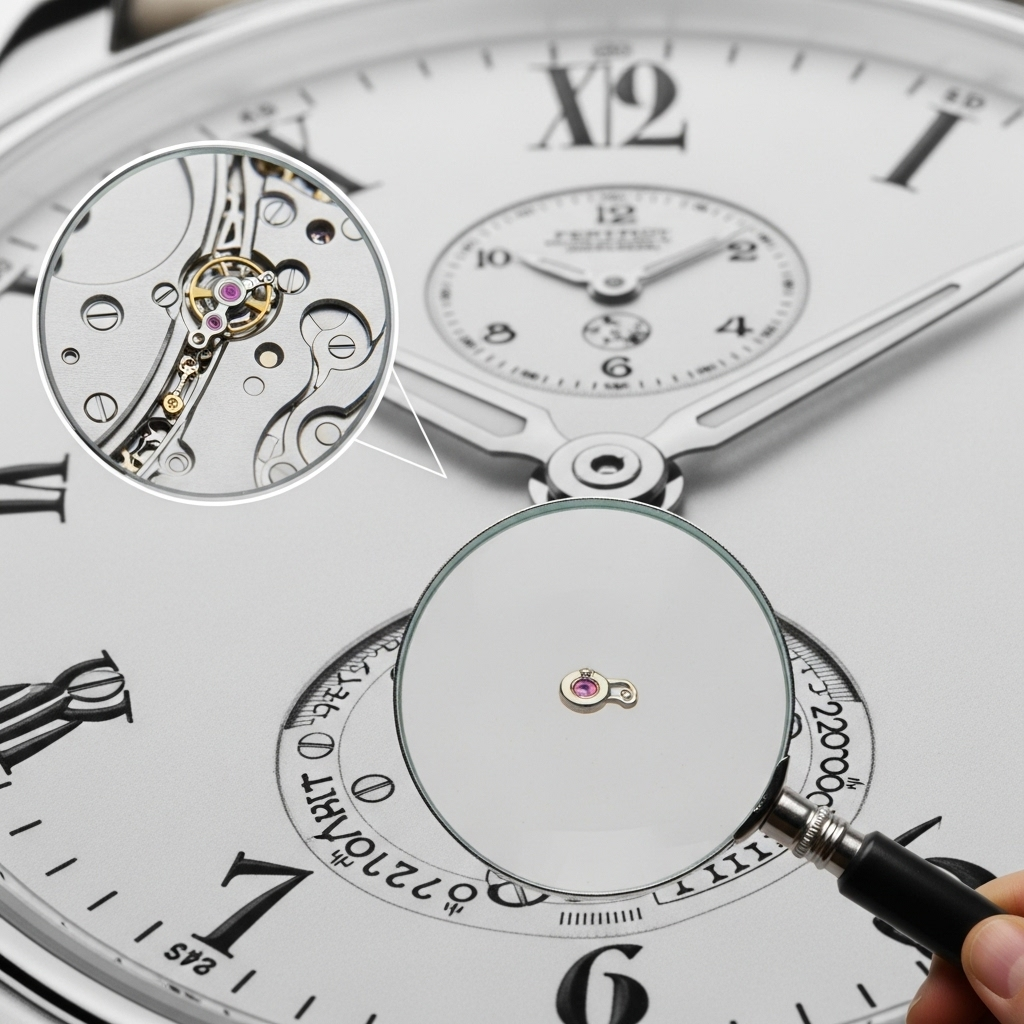 A magnifying glass highlighting tiny, intricate details on a larger, perfect object like a finely crafted watch or a detailed drawing. The background shows the complete, flawless object, while the foreground emphasizes the magnified small parts. The scene illustrates how small elements contribute to overall perfection. Realistic photography style. No text.
