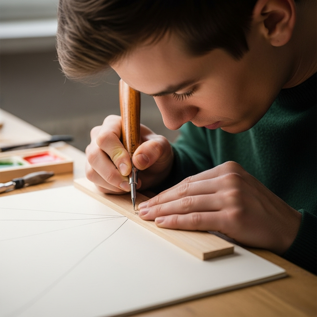 A person meticulously refining small details on a project, such as a craftsman carving wood or an artist painting a fine line. The scene conveys focus, dedication, and the steady pursuit of excellence, illustrating the lesson of "Trifles make perfection." The atmosphere is calm and productive. Lifestyle photography. No text.