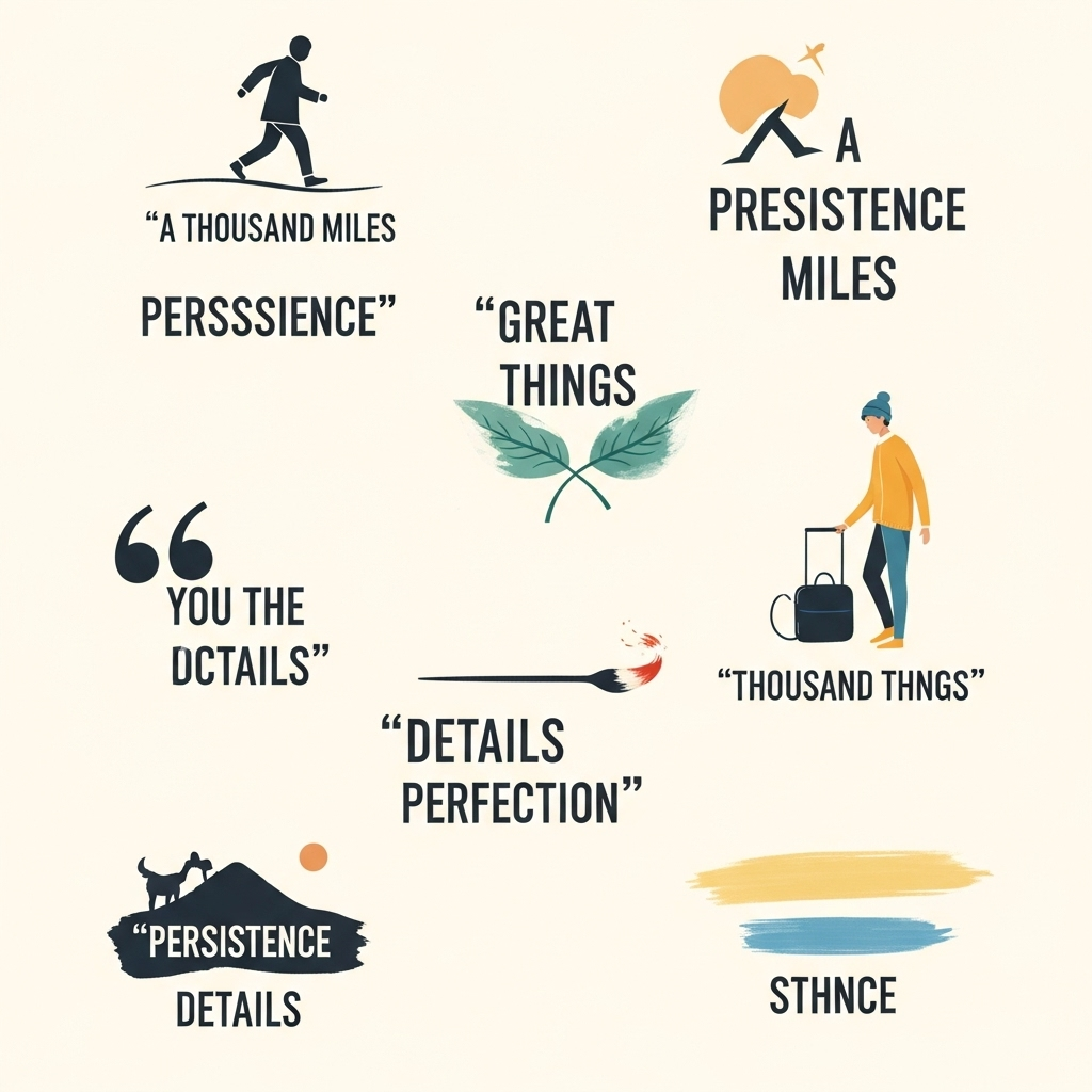 An illustration depicting various quotes about persistence, details, and the journey to perfection. Each quote is represented by a small, symbolic image (e.g., a single step for 'a thousand miles,' a tiny brushstroke for 'great things'). The overall composition is harmonious, showing diverse perspectives converging on a common theme. Stylized illustration. No text.