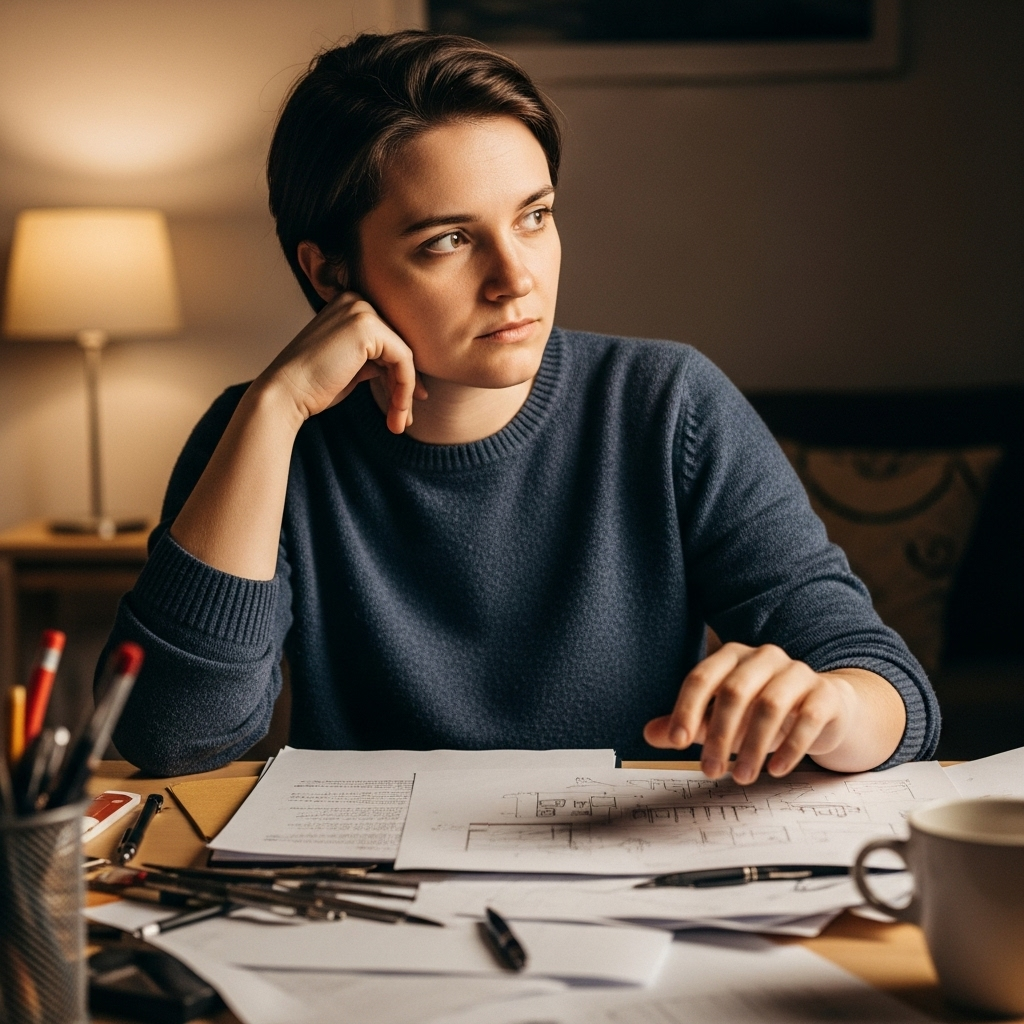 A person torn between chasing perfection and embracing progress, sitting at a desk with unfinished work, warm lighting, realistic style, no text.