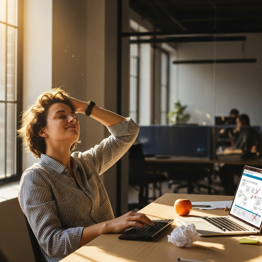 A realistic office setting where a person decides to move forward with an imperfect project, showing relief and determination, warm natural lighting, no text.