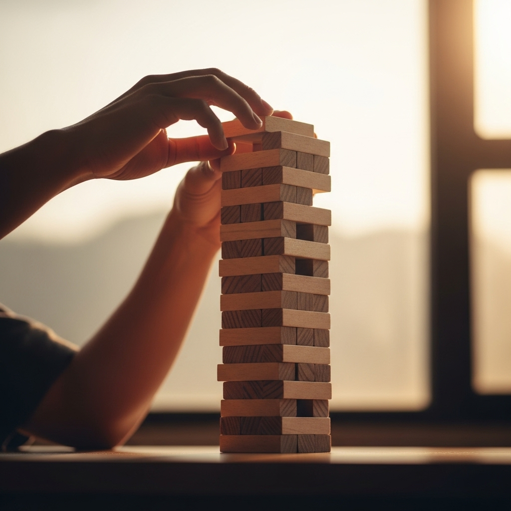 An illustration of a person steadily building small blocks leading upward, natural light with warm tone, symbolizing progress and persistence, no text.
