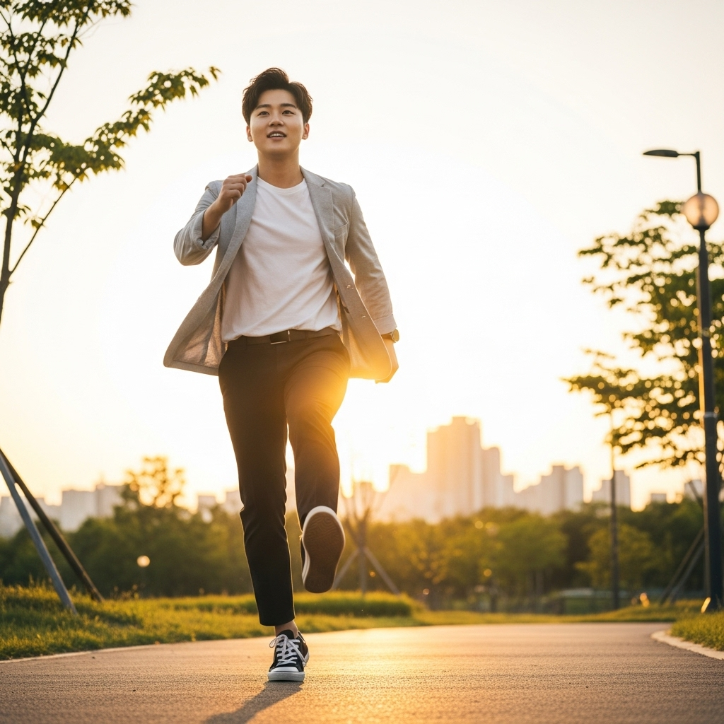 A Korean young professional finally taking the first step toward a goal, outside in natural light, sense of freedom and action, no text.