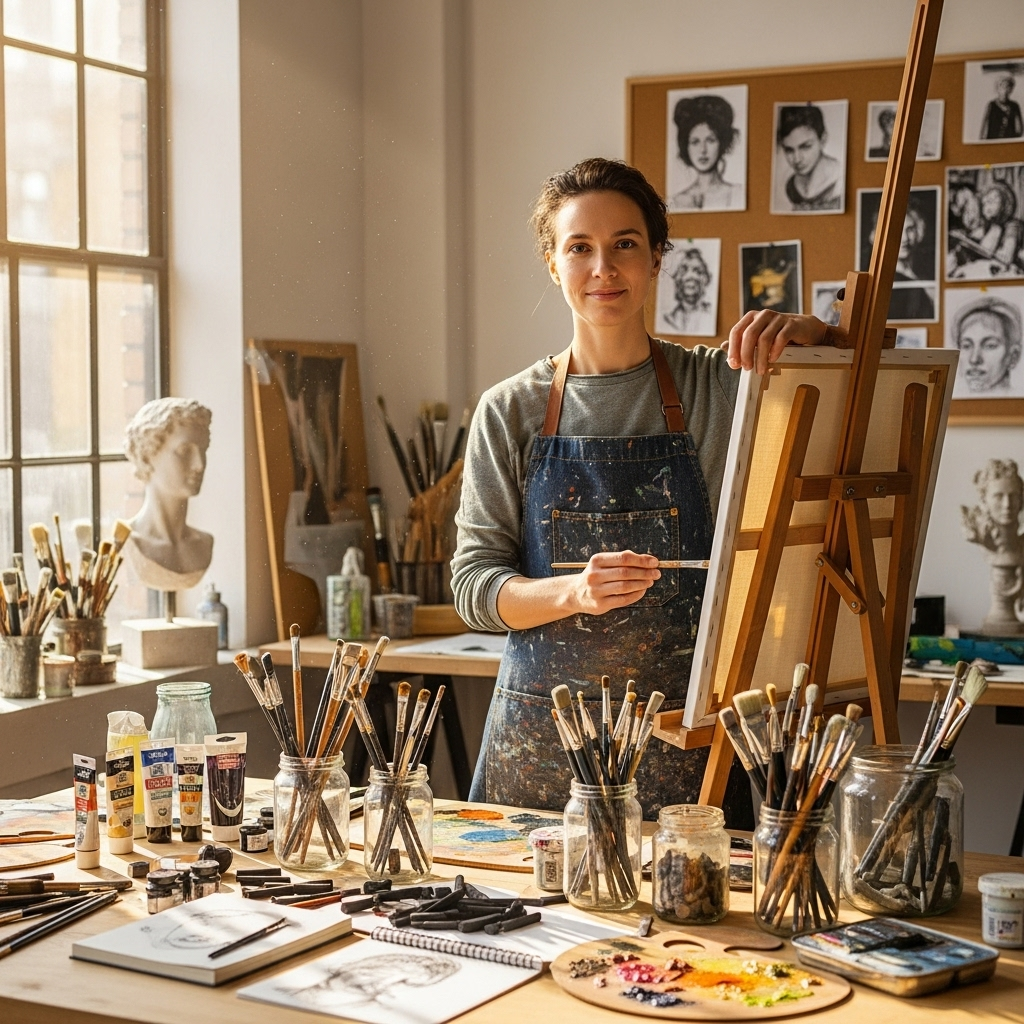 A person standing at the edge of a creative workspace, looking confident and ready to start. Art supplies, canvas, and creative tools scattered around. Warm natural lighting, inspiring atmosphere, lifestyle photography style. No text.
