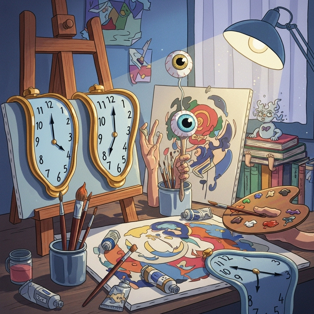 Abstract artistic workspace with melting clocks inspiration, surreal creative elements, paintbrushes and canvas, dreamy atmosphere with soft lighting, artistic illustration style. No text.