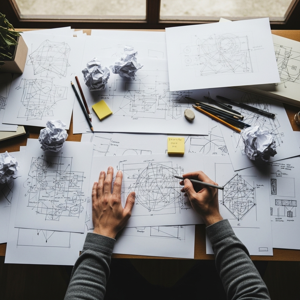 Hands working on multiple sketches and drafts, some crumpled papers, creative process in action, natural lighting from window, inspiring workspace atmosphere, lifestyle photography. No text.