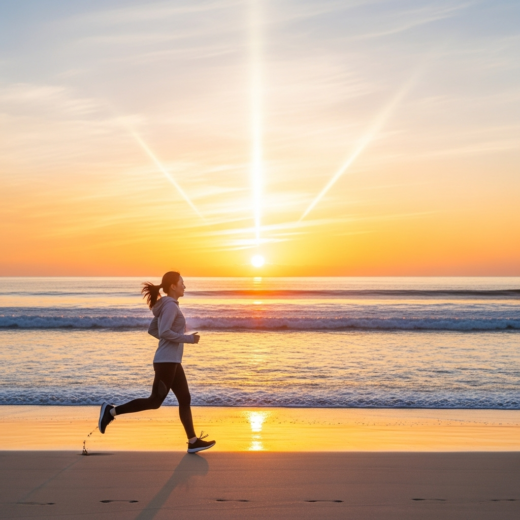 A Korean person jogging toward a glowing horizon, symbolizing chasing perfection and catching excellence. Bright morning light, calm atmosphere, no text.